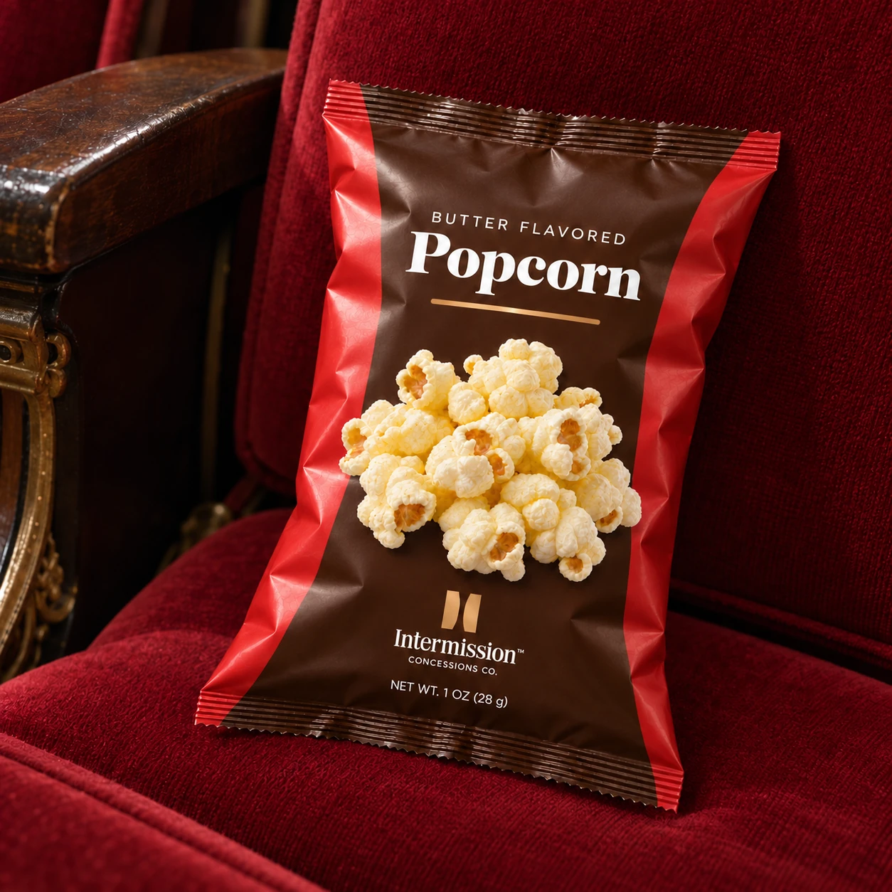 Intermission Butter Flavored Popcorn pillow bag on a red velvet theater seat
