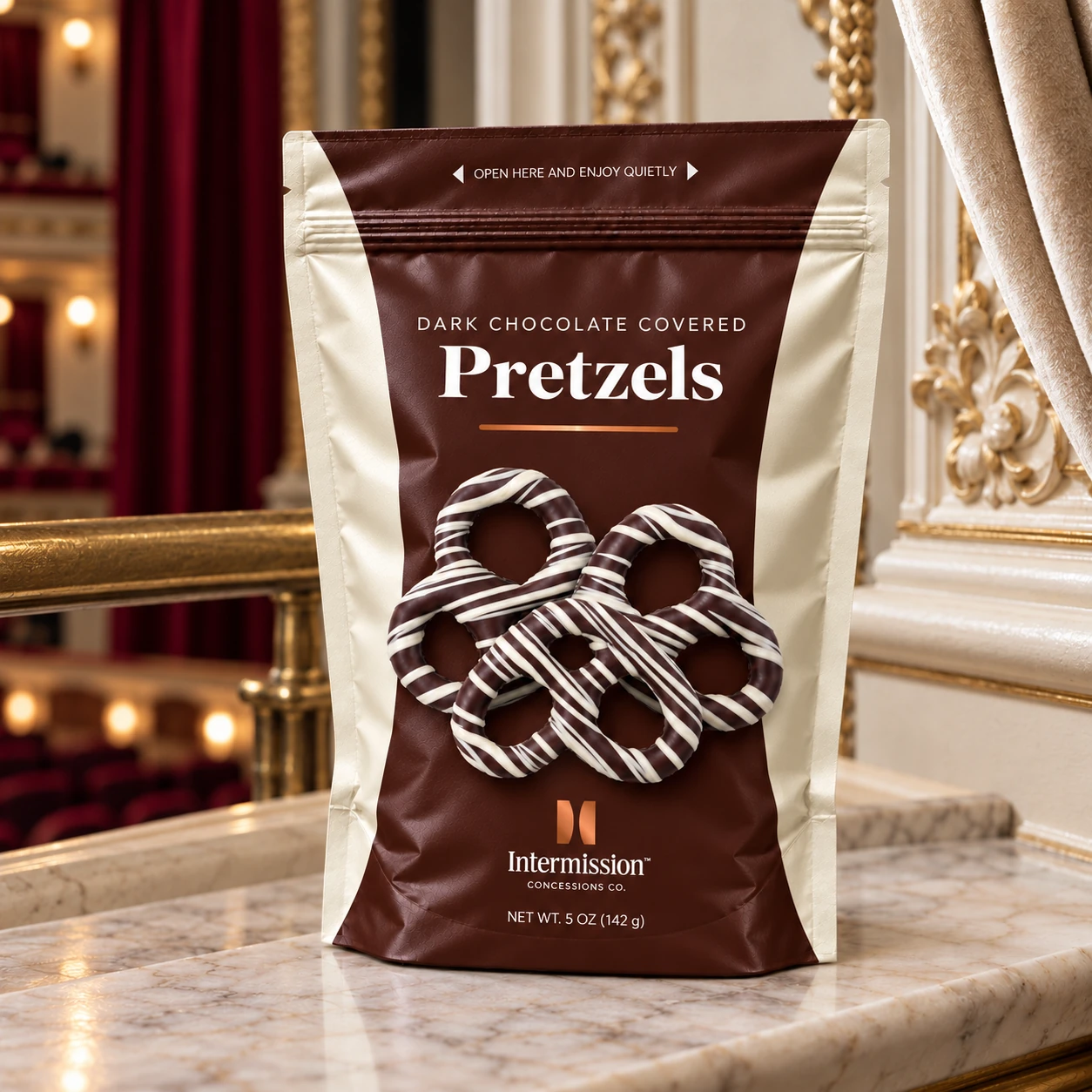 Intermission Dark Chocolate Covered Pretzels pouch in a cream and brass theater box