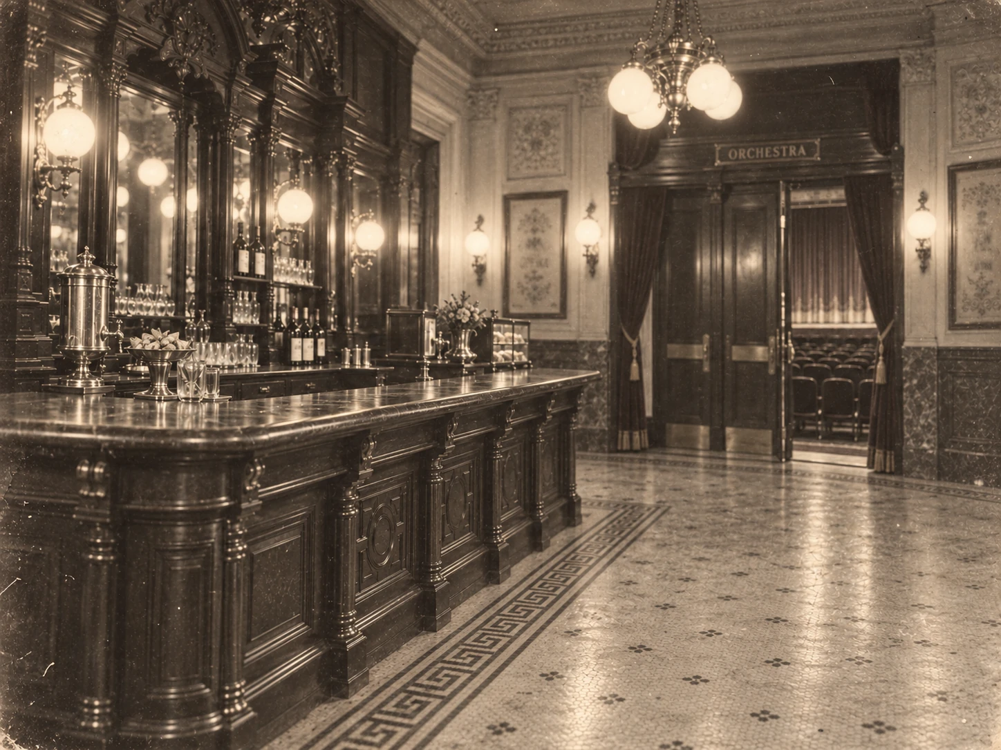 Empty vintage Broadway theater lobby with a carved mahogany bar on the left and an open auditorium doorway on the right